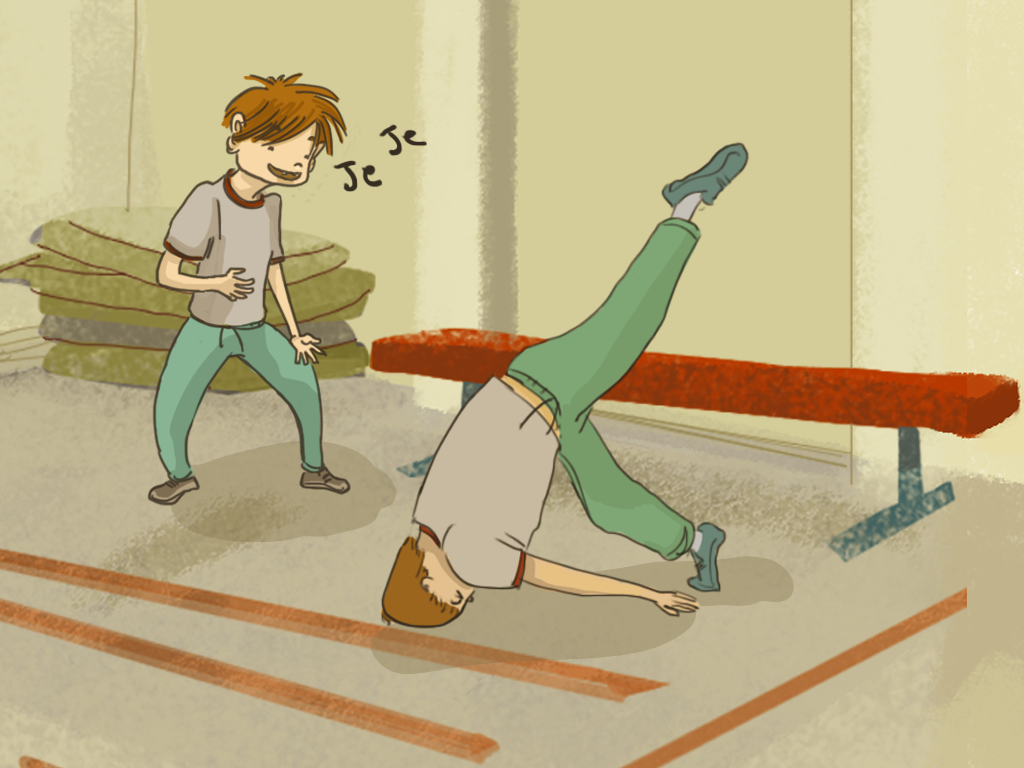 Javier está botado en el piso del gimnasio. Papelucho lo está mirando.