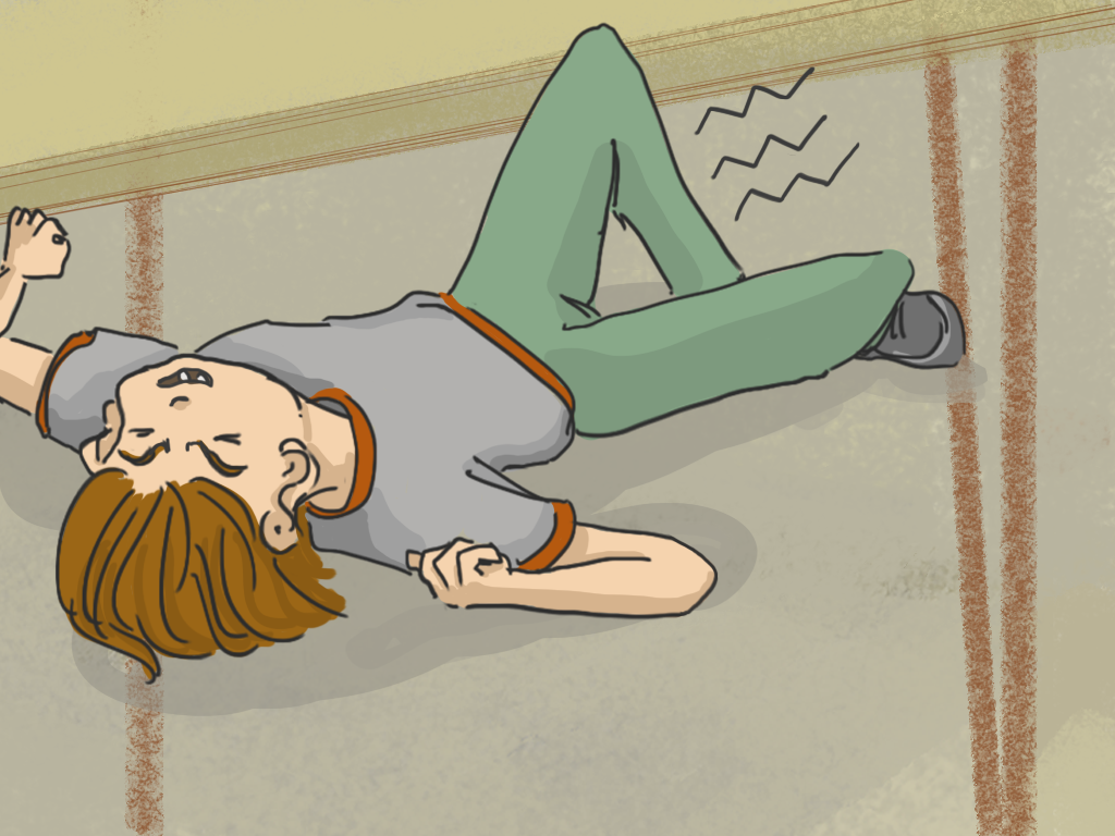 Papelucho está botado en el piso del gimnasio. Le duele a pierna izquierda.