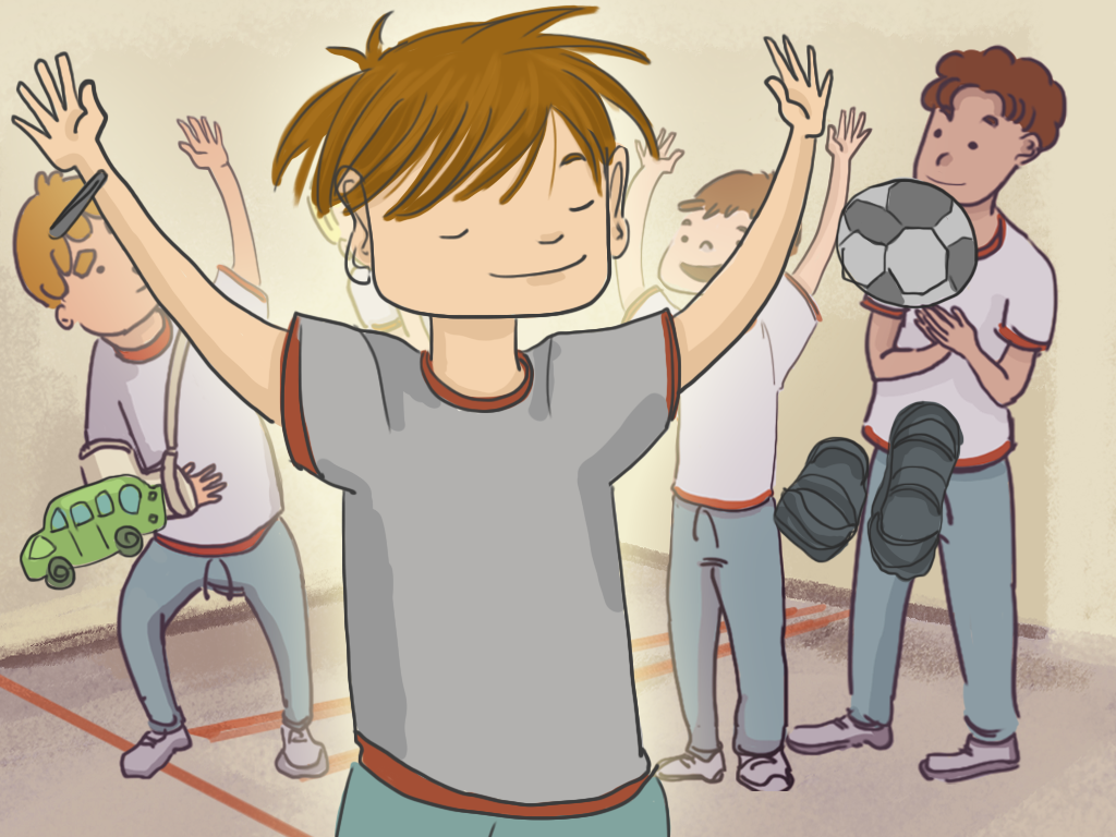 Papelucho saluda a todos con las manos en alto, satisfecho.