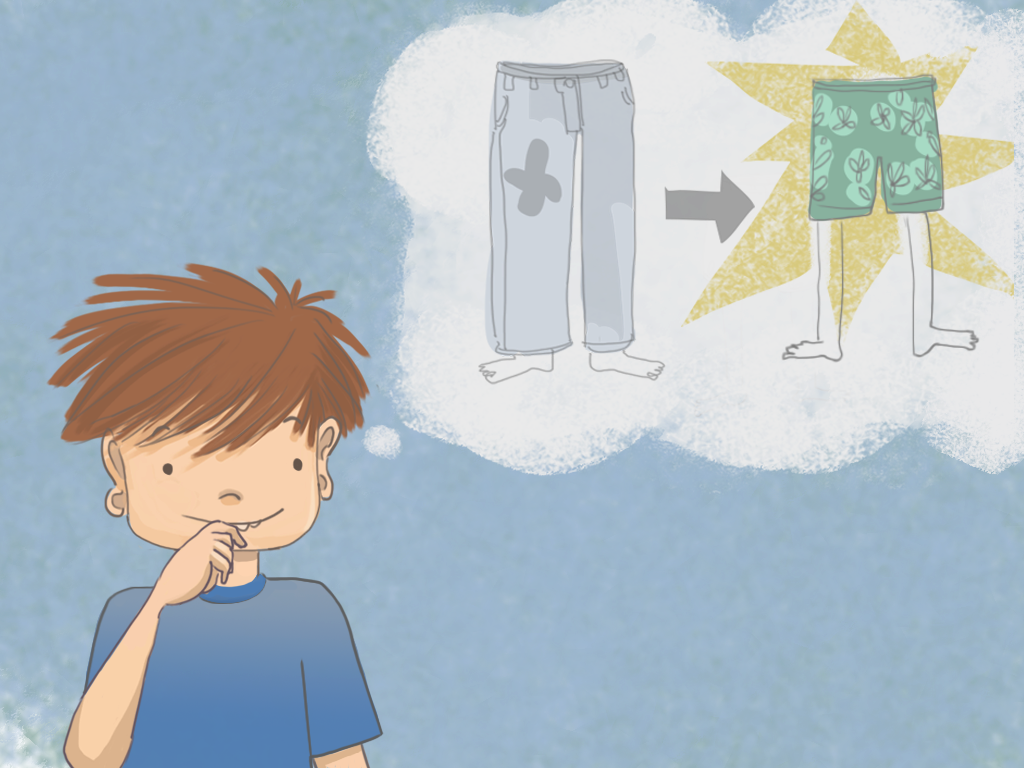 Papelucho imagina unos pantalones y un traje de baño