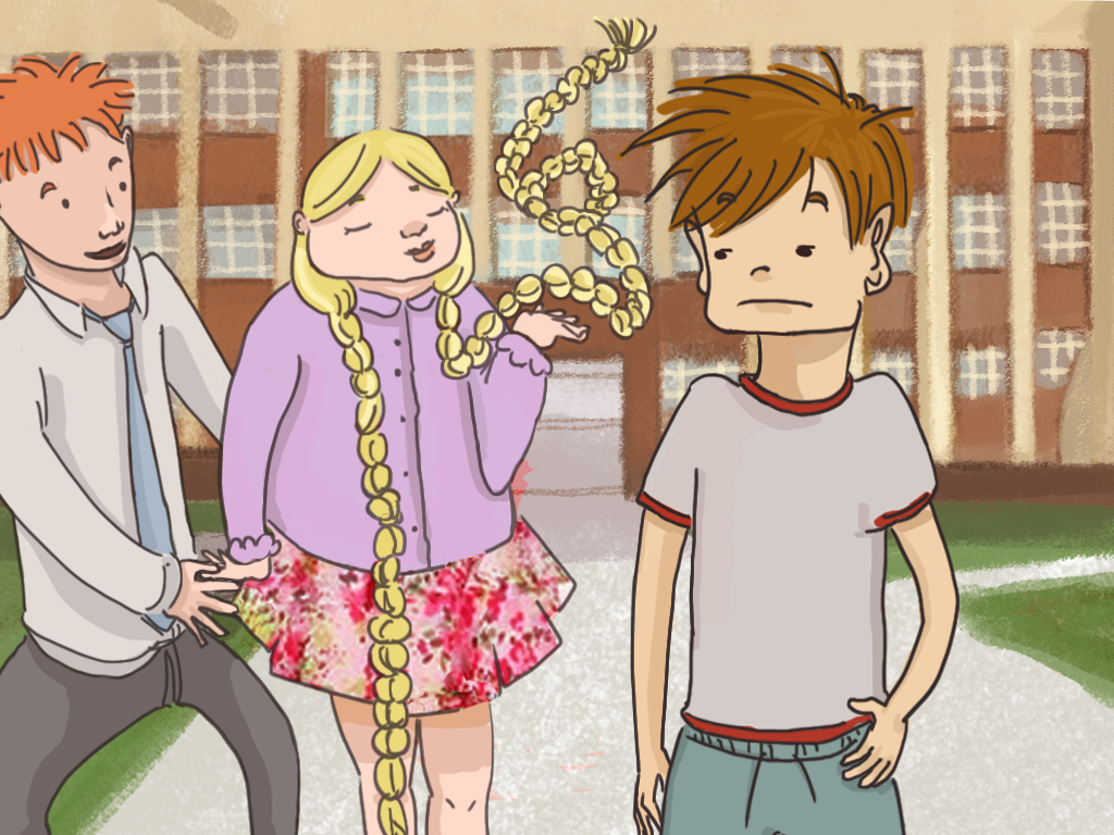 Rosa, está moviendo sus largas trensas, mientras Papelucho la observa.