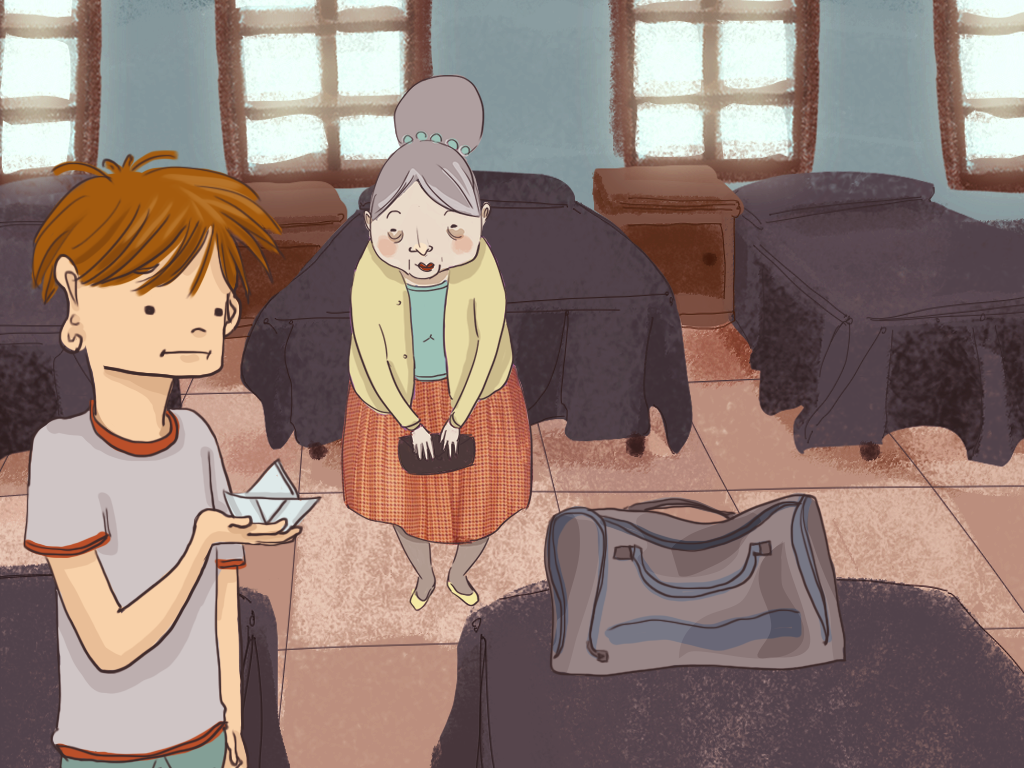 Papelucho sostiene en sus manos el barco pequeño que le trajo mamá Adela, quien está a su lado en el dormitorio del internado.