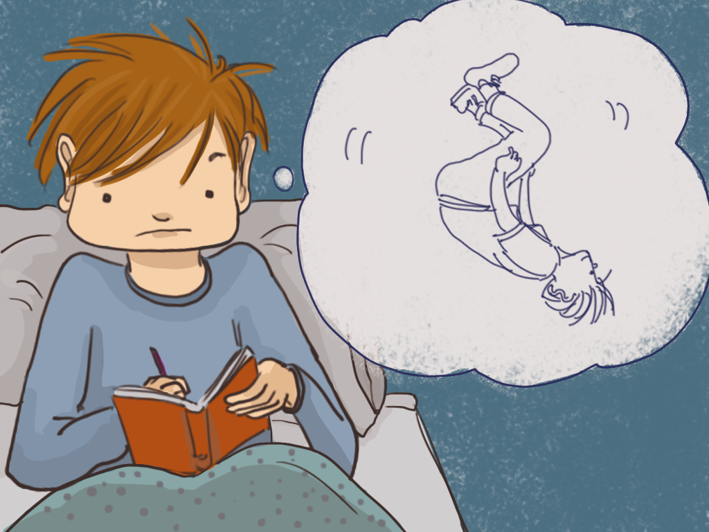 Papelucho está escribiendo en su diario, mientras piensa en el salto mortal que hizo el día anterior.