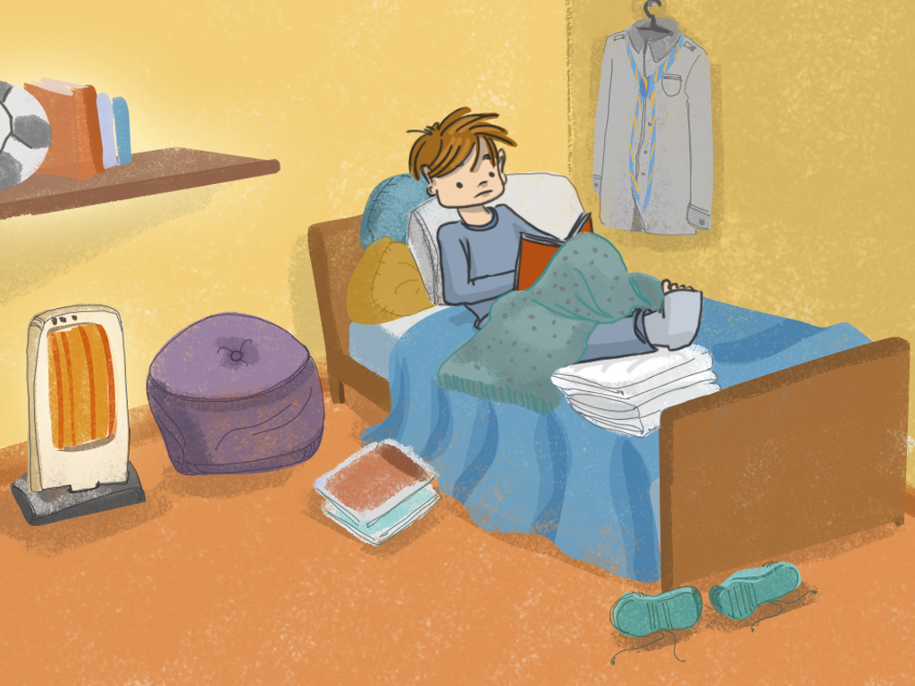 Papelucho está en la cama de su pieza en el departamento, y tiene yeso en la pierna. Tiene colgado al lado de su cama el traje de scout.