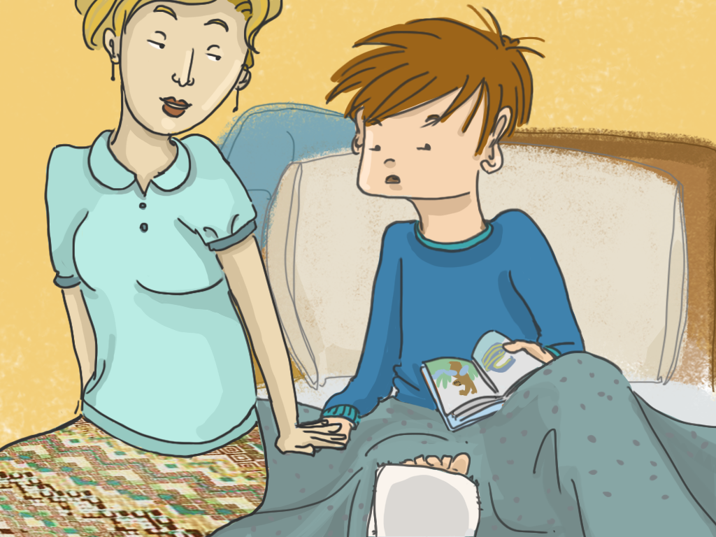 La mamá de Papelucho está sentada con él en su cama. Le está tomando la mano.