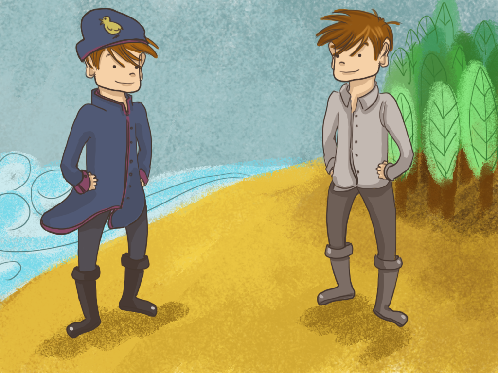 Papelucho está frente al mar y detrás se ven muchos árboles. Mira de frente a otro Papelucho que está vestido de pirata.