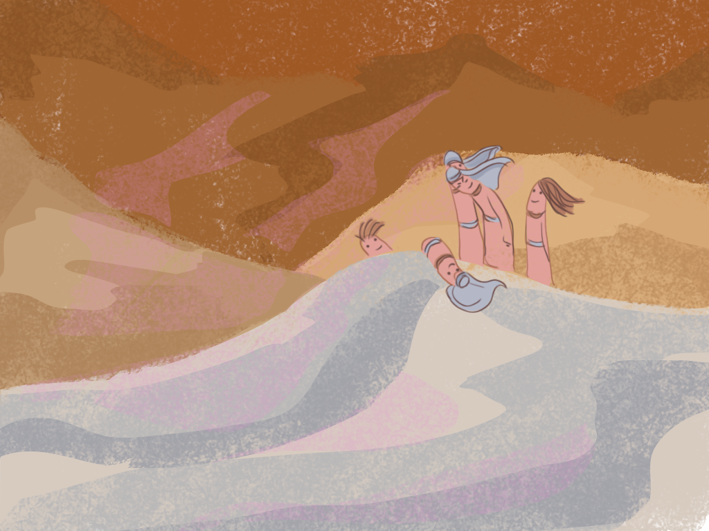 Se ve como si los cinco dedos de Papelucho estuviesen en el mar.