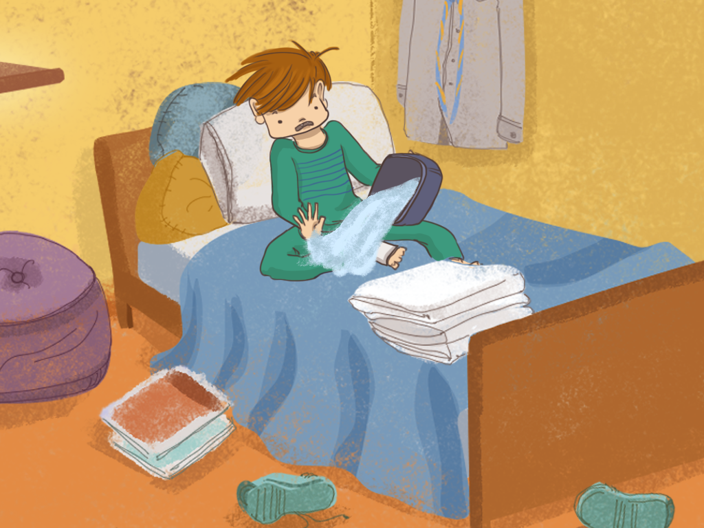 Papelucho está arriba de su cama mientras se le da vuelta el lavatorio con agua sobre el yeso y la cama.