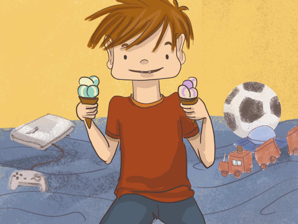 Papelucho sostiene un cono de helado en cada mano.