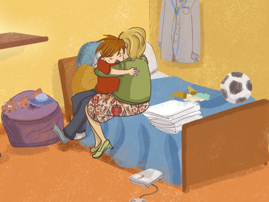 Papelucho está llorando en su pieza, y su mamá lo abraza.