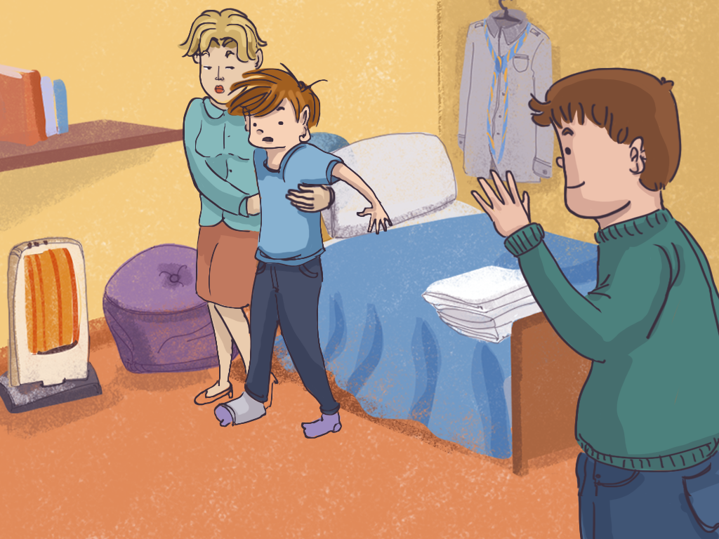 Papelucho está en su pieza, caminando con la ayuda de su mamá, cuando aparece por la puerta Gómez.