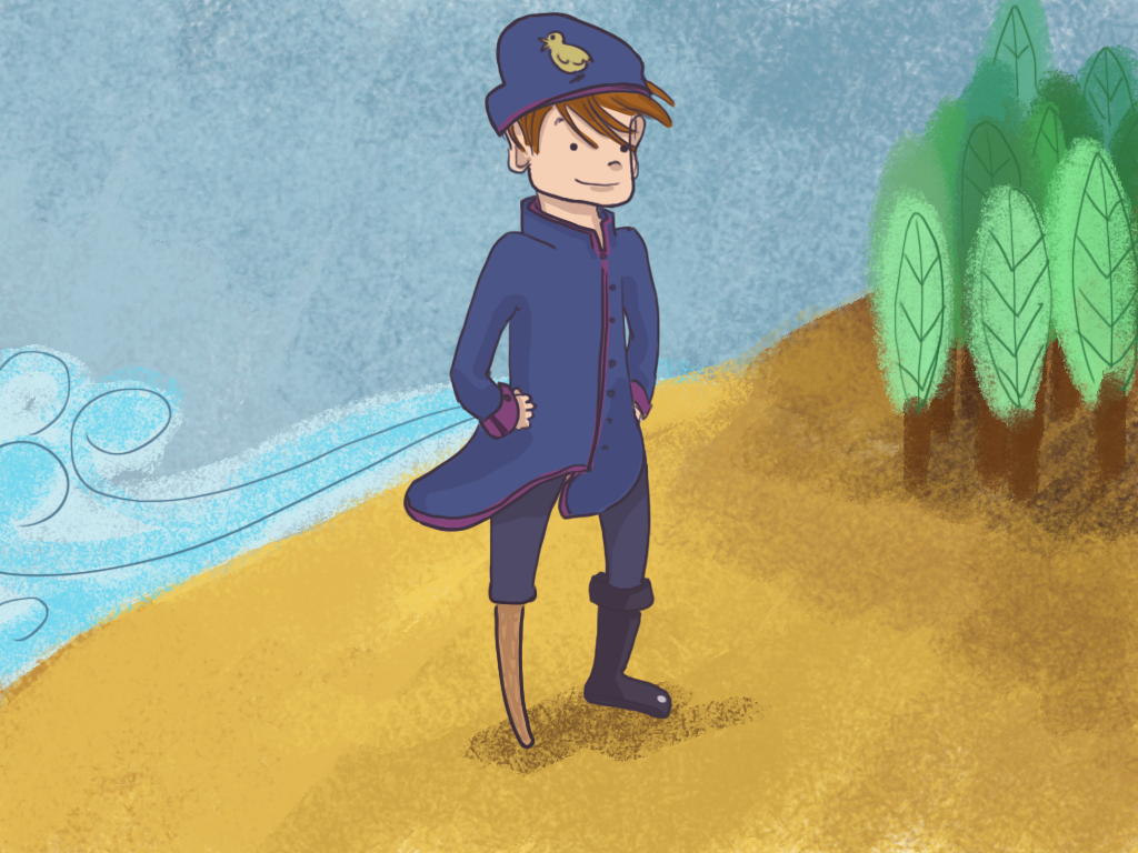 Papelucho vestido de pirata con una pata de palo.