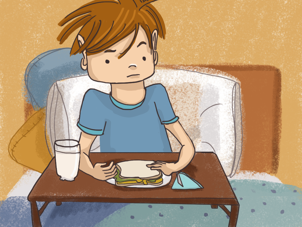 Papelucho está preocupado. Deja el sandwich en el plato