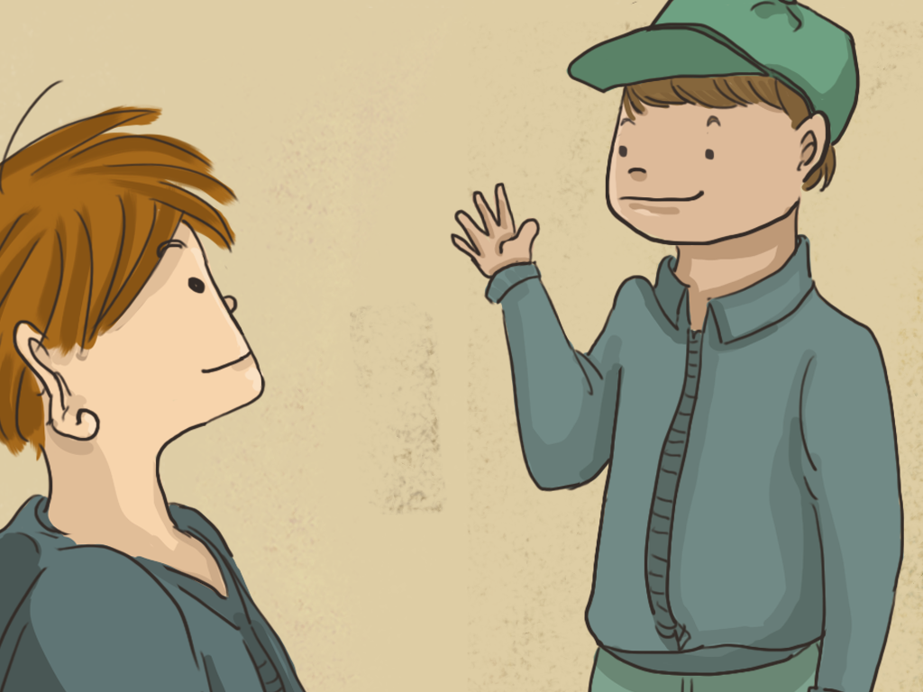 Jacinto Soto está saludando a Papelucho.