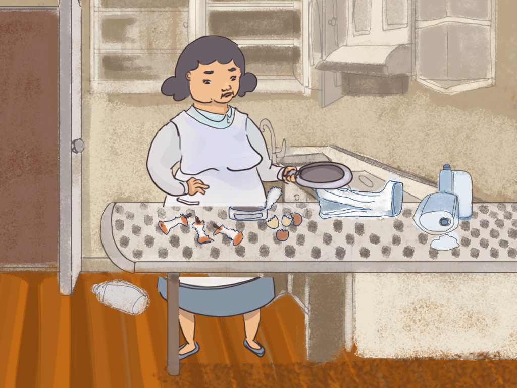 Domitila está en la cocina, que está desordenada. Hay restos de manzanas y huevos