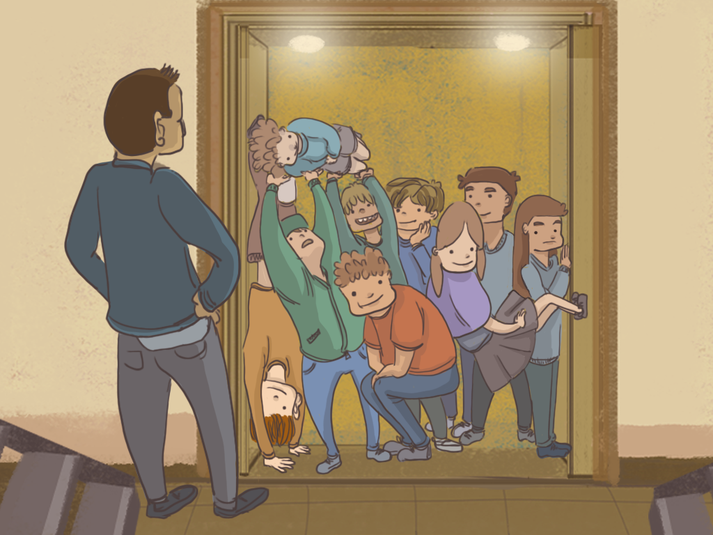 Adentro del ascensor están Papelucho y Jacinto y sus 7 hermanos. El ascensor está lleno. Las puertas está abiertas y un hombre los mira enojado desde afuera.