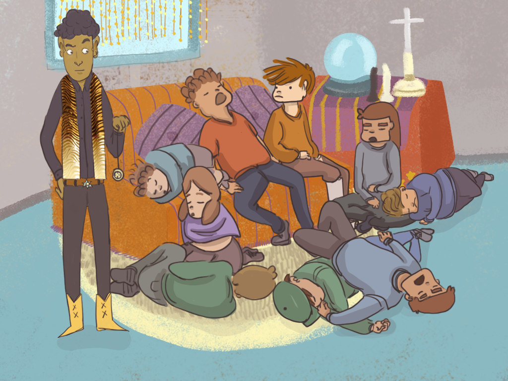 Los Soto y Papelucho están en el departamento del hipnotizador con él.