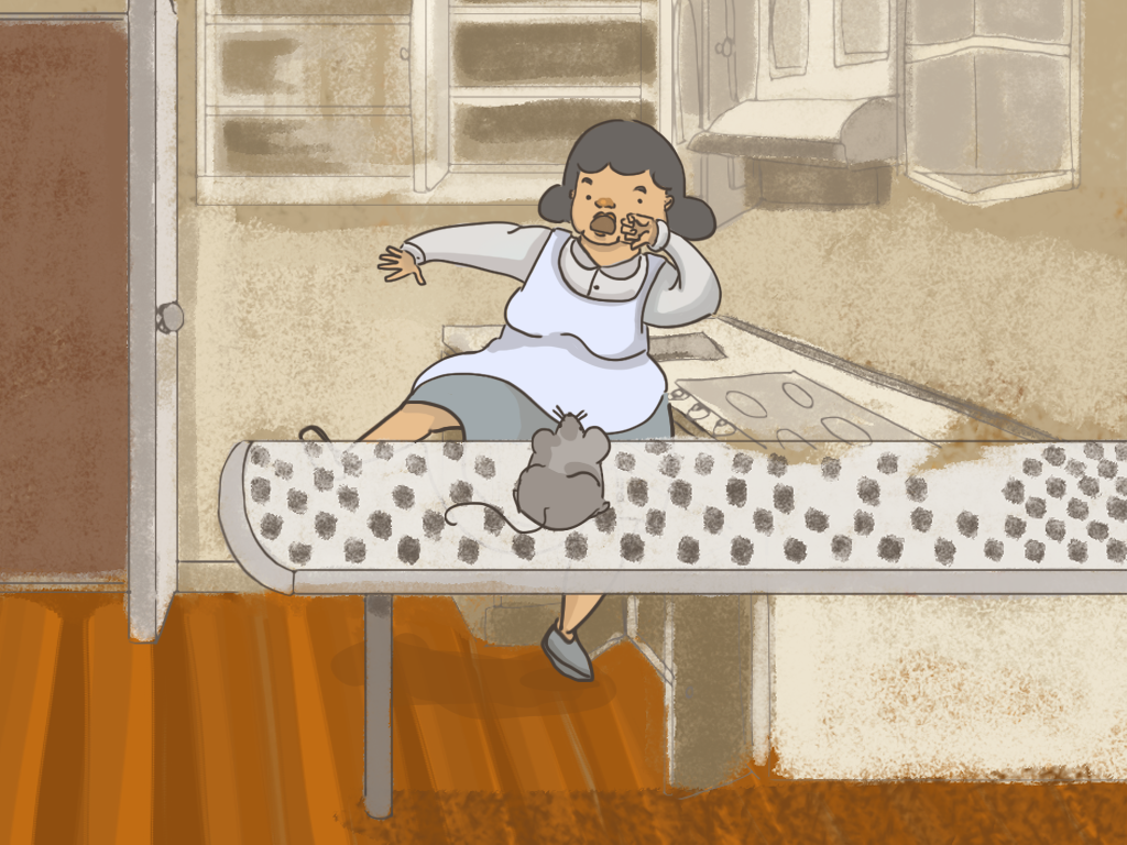 Domitila grita asustada al ver un ratón sobre la mesa de la cocina.