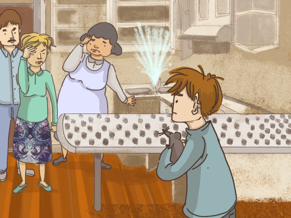 En la cocina, Papelucho sostiene el ratón en sus brazos, mientras sus papás lo miran enojados y Domitila sigue asustada.