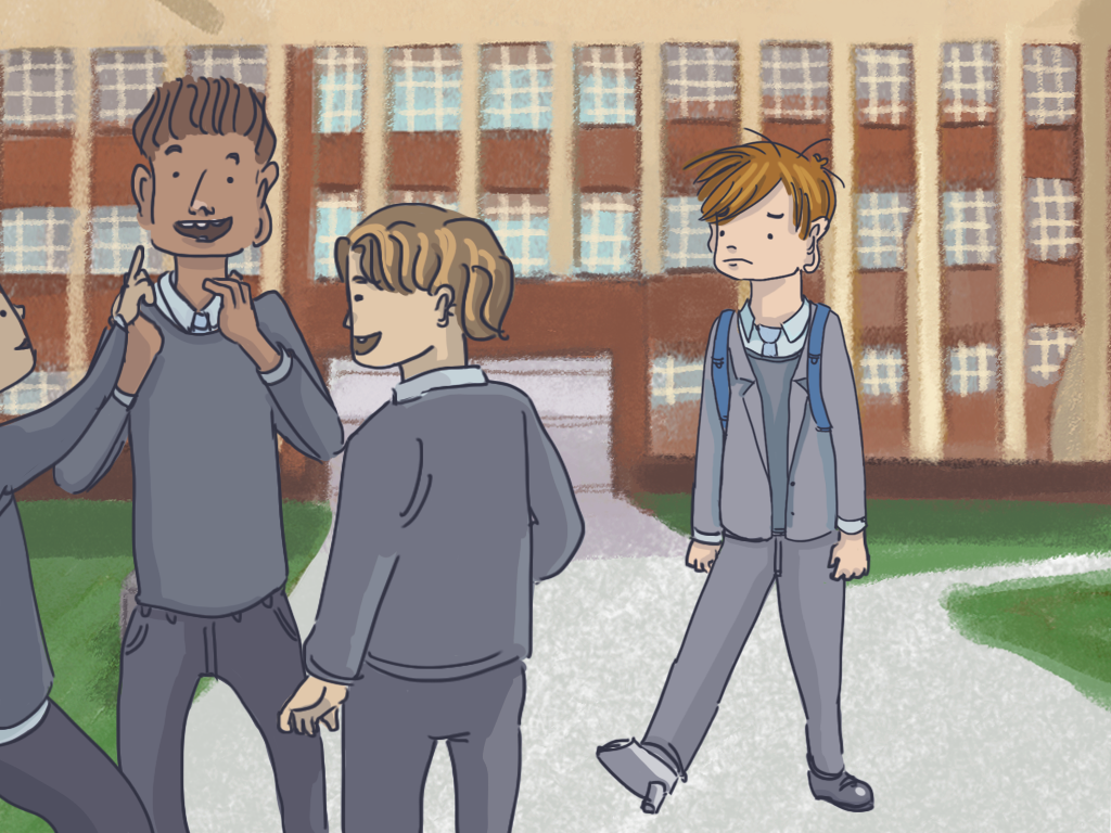 Papelucho mira preocupado un grupo de compañeros que conversan ente ellos y se ríen.