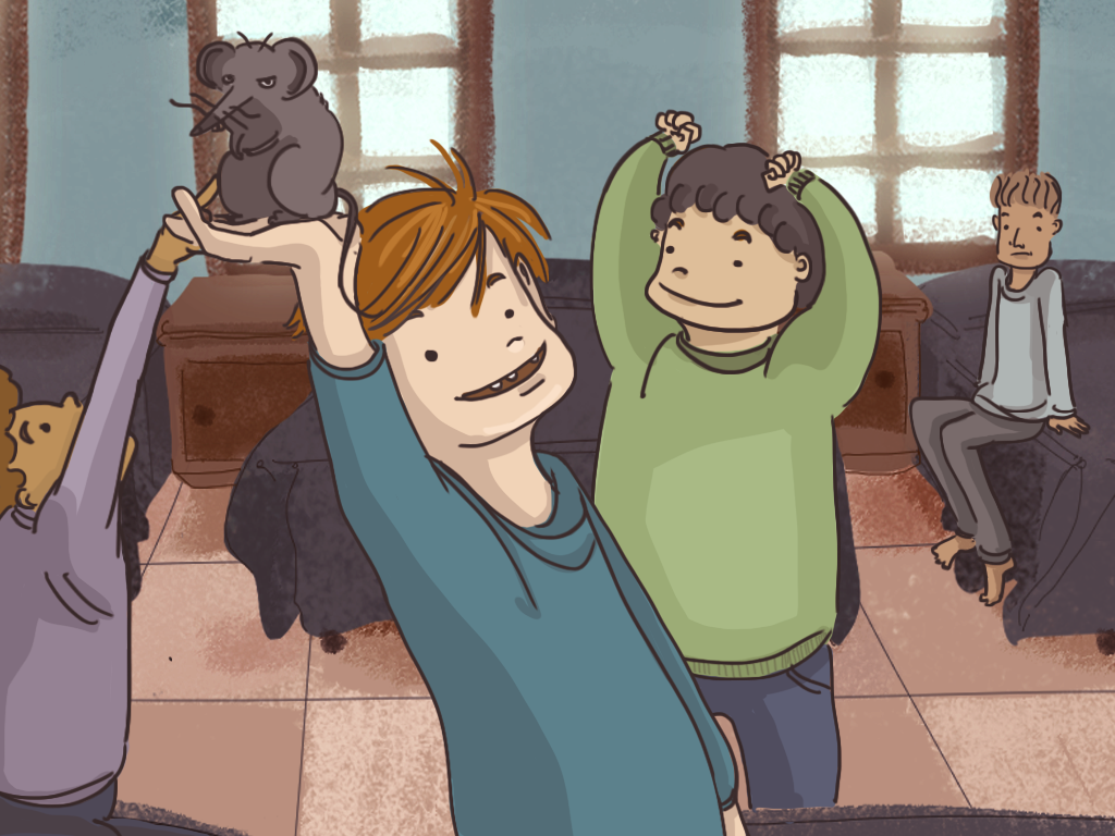 Papelucho está en el dormitorio del internado junto a otros compañeros. Se están divirtiendo. Papelucho sostiene en una mano al ratón.