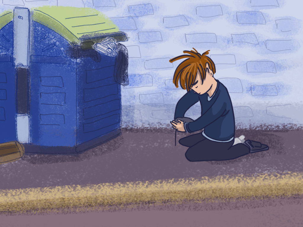 Papelucho recoge al ratón del basurero. Está triste.