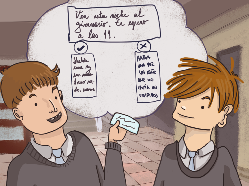 Gómez y Papelucho comentan la idea de comparar las letras de sus compañeros.