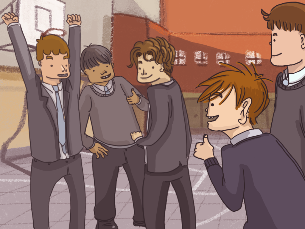 Papelucho y otros compañeros están en el patio del internado.