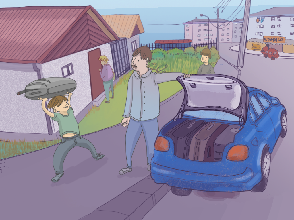 El papá y Papelucho descargan las maletas, Javier mira mientras la mamá abre la casa.