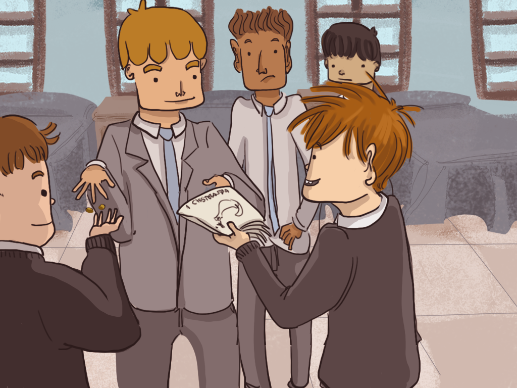 Papelucho le está pasando la revista a un compañero, mientras Gómez recibe la plata.