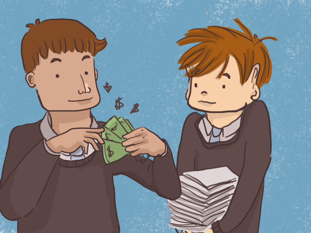 Papelucho carga muchos papeles y Gómez mira los billetes que tiene en la mano.