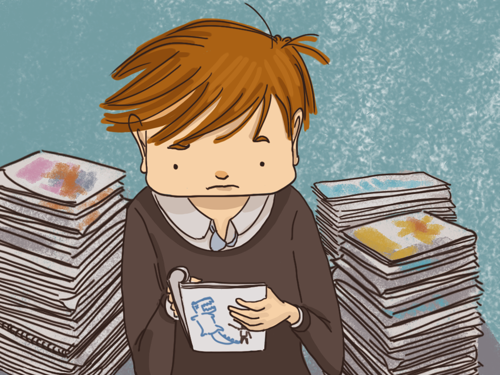 Papelucho mira un papel. a su al rededor tiene muchos papeles.