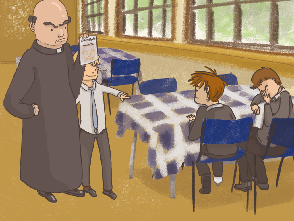 Urquieta apunta con el dedo a Papelucho. El padre Carlos le muestra enojado la revista a Papelucho.