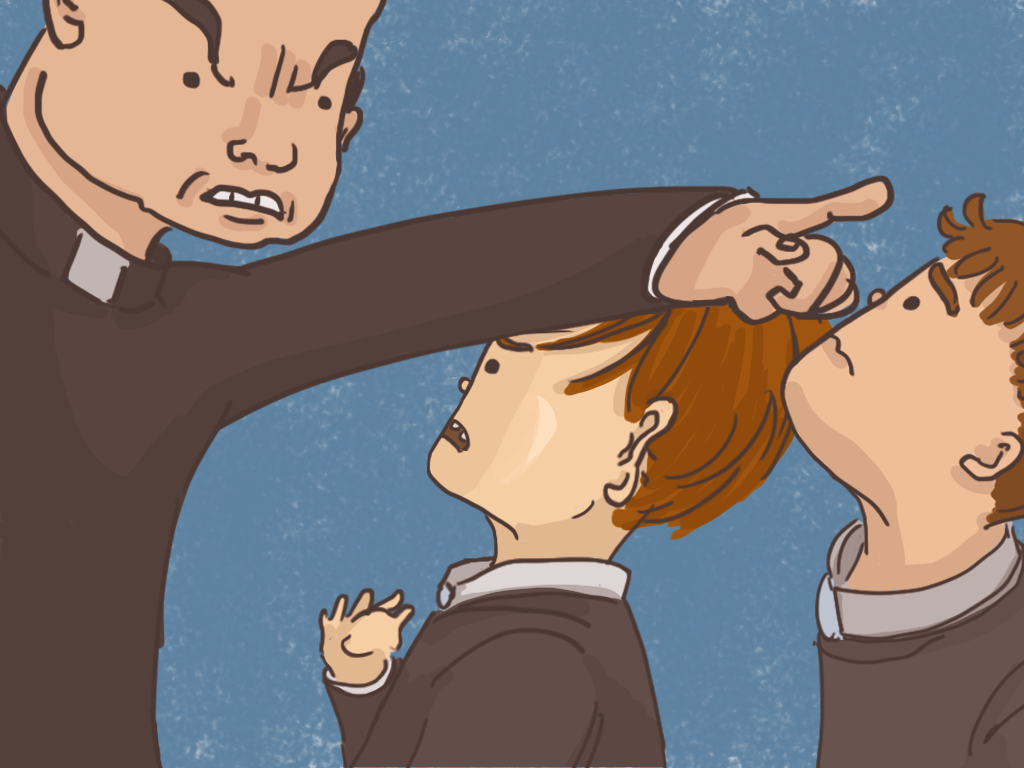 El padre Carlos reta a Papelucho.