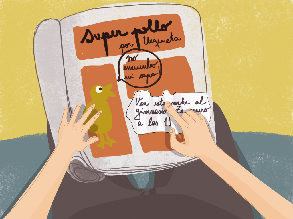 Papelucho compara la letra de Urquieta en la revista con la del papelito.