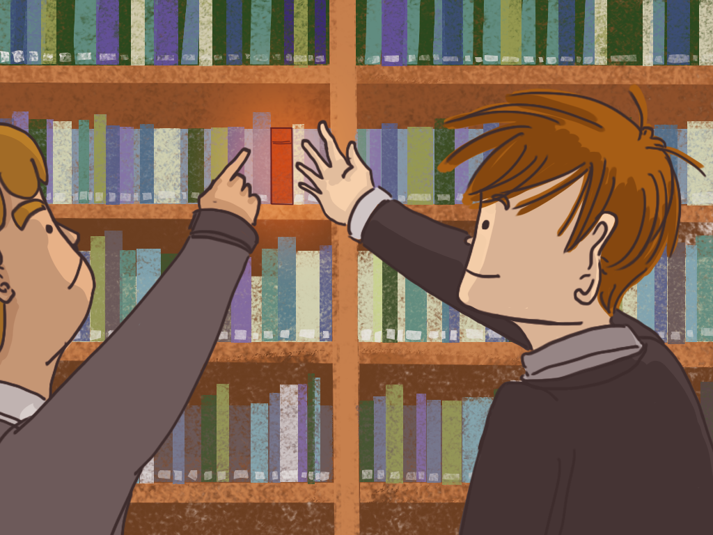 Papelucho está buscando algo entre varios libros.