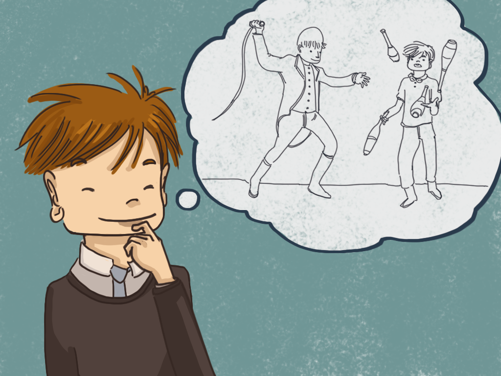 Mientras ríe, Papelucho se imagina haciendo malabares y a Gómez como domador.