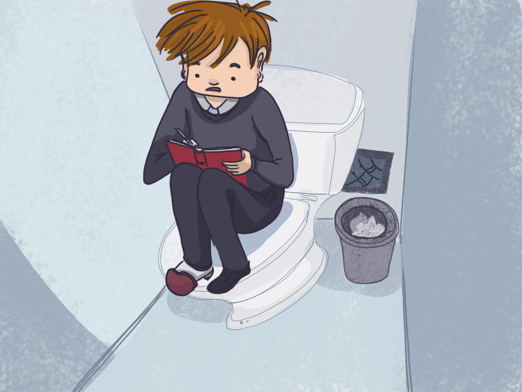 Papelucho está escribiendo en su diario, escondido en el baño.