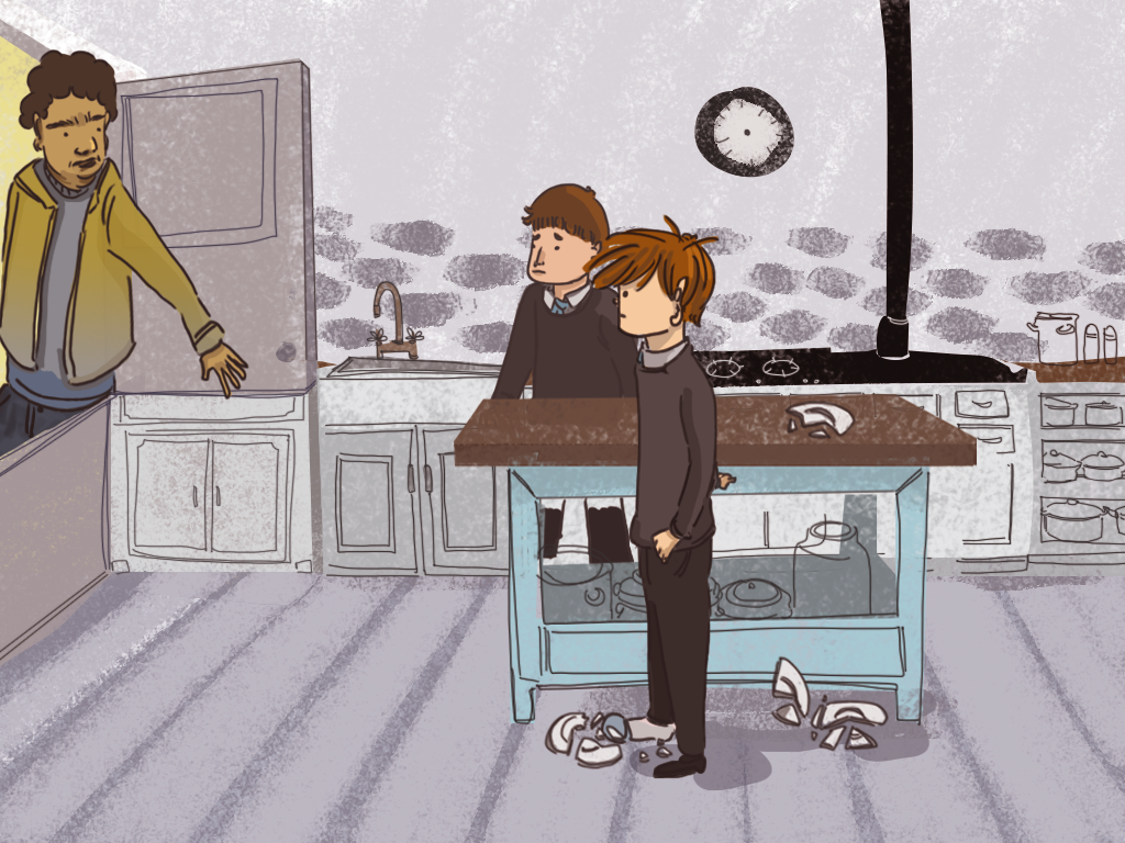 Papelucho y Gómez están en la cocina del internado, y ven cómo un hombre se asoma por la puerta.