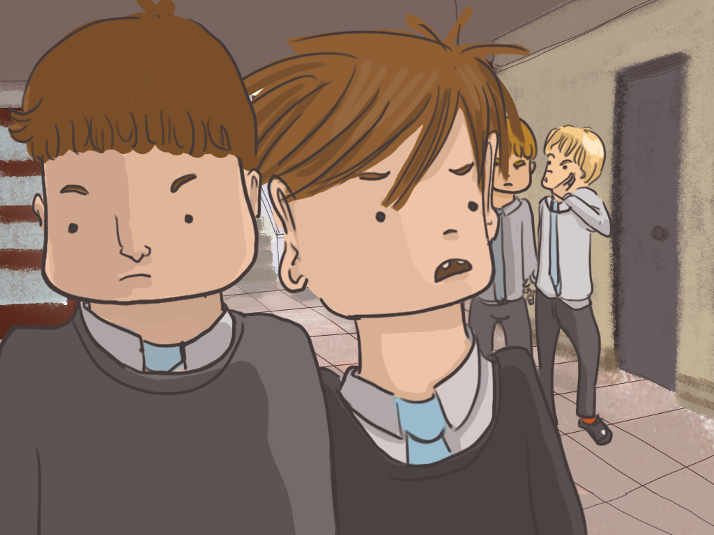 Urquieta está contándole un secreto a un compañero, miengtras mira a Papelucho y Gómez.