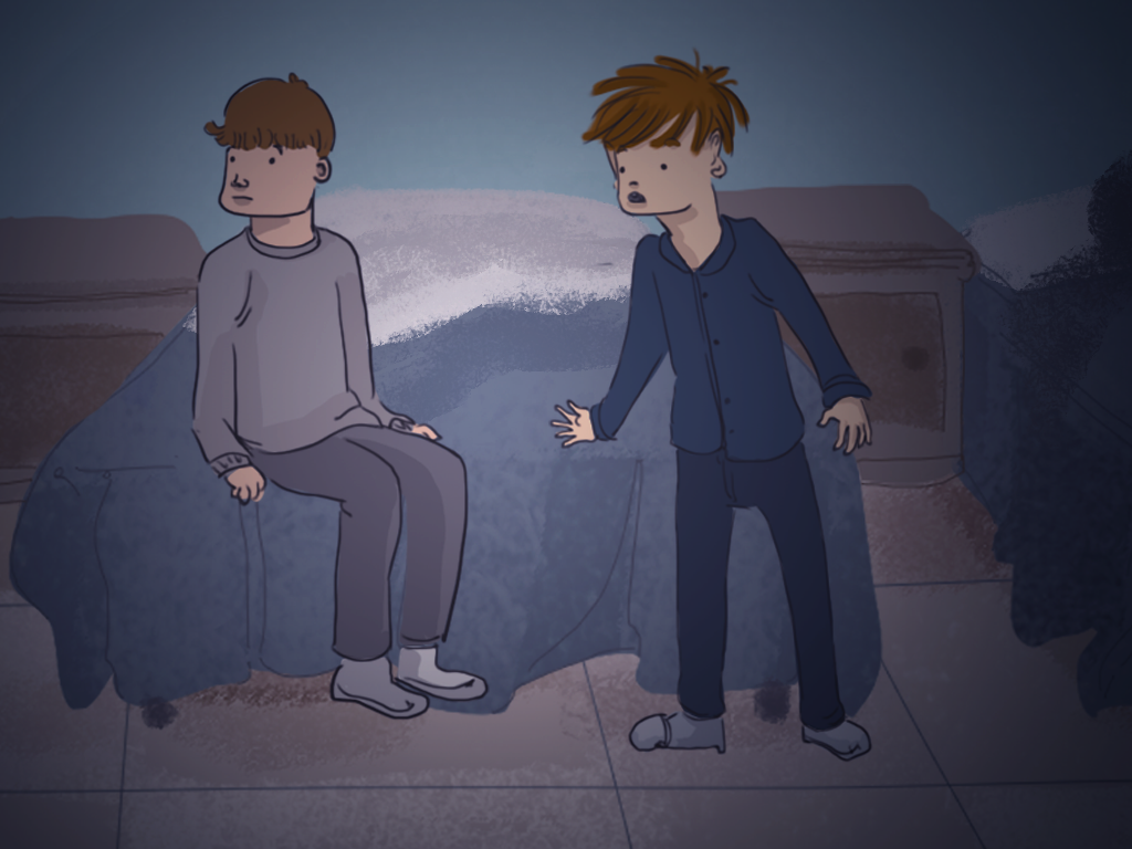 Papelucho y Gómez miran asustados hacia un lado del dormitorio.