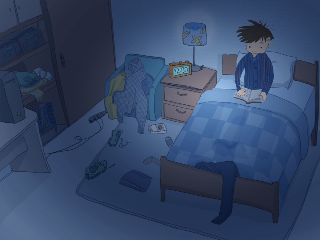 Papelucho escribe su diario en su pieza.