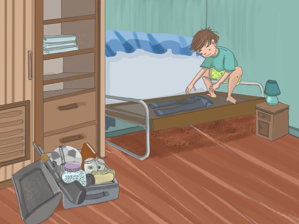 Papelucho está en calzoncillos, sobre la base de su cama colocando, sus pantalones manchados