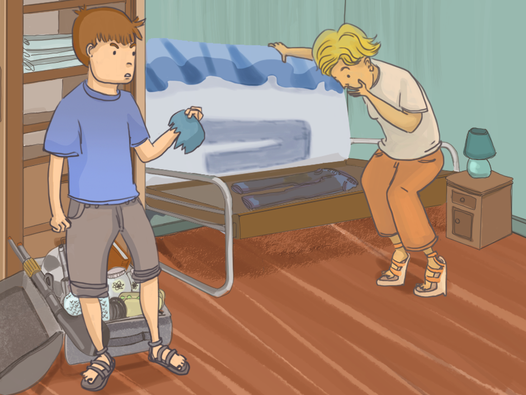 Javier le muestra a su mamá los pantalones manchados bajo el colchón de Papelucho.