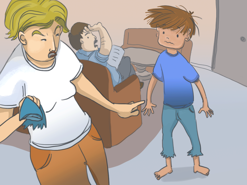 La mamá reta a Papelucho con un trozo del pantalón en la mano. El papá opina desde lejos, sentado en el sillón.