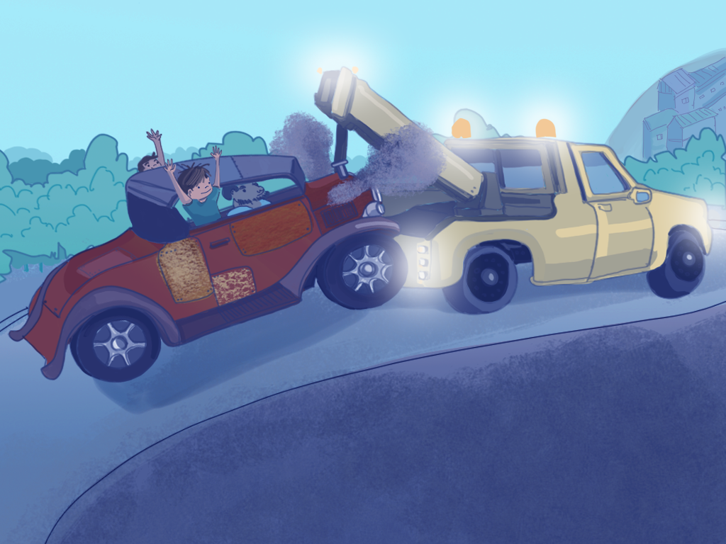 Una grúa remolca el auto donde van Buzeta y los hermanos.