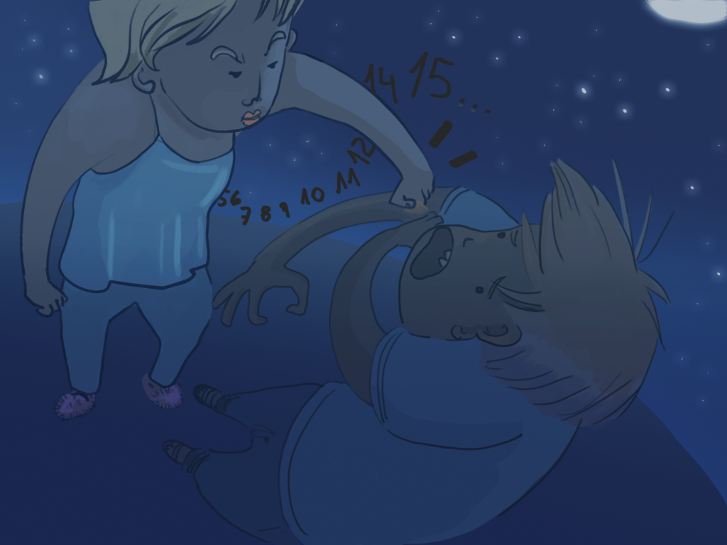 La mamá reta a Papelucho pellizcándole.