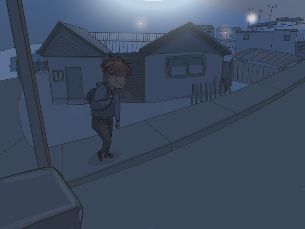 Papelucho camina de noche por la calle, con su mochila a cuestas