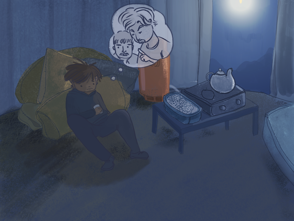 Papelucho está recostado sobre unos sacos. Imagina a sus papás castigándolo