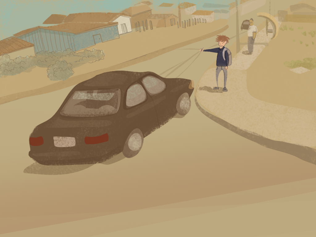 Papelucho está en la calle y hace señas a un auto para que lo lleve.